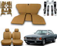 Set Sitzbezüge ab Bj. 85 + Rückbank klappbar + Teppichsatz + Gurte für Mercedes SL 107 Dattel