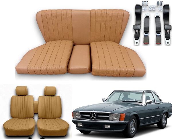 Set Sitzbezüge bis Bj. 84 + Rückbank starr + Gurte für Mercedes SL 107 Dattel