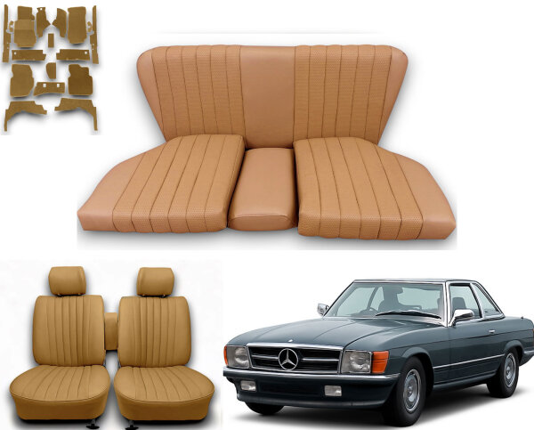 Set Sitzbezüge ab Bj. 85 + Rückbank starr + Teppichsatz für Mercedes SL 107 Dattel