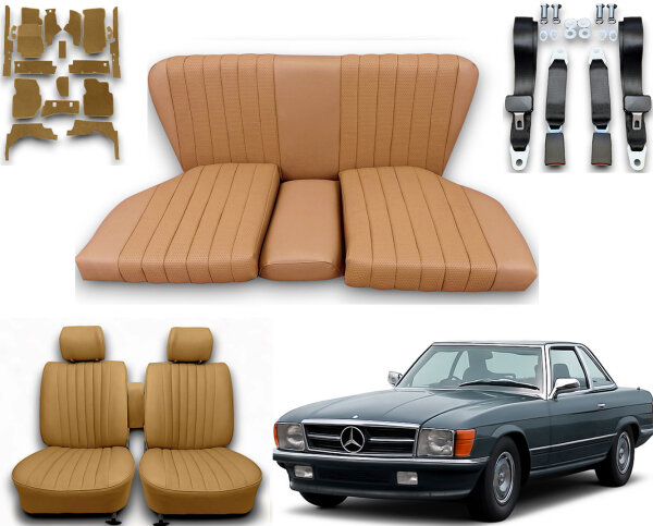 Set Sitzbezüge ab Bj. 85 + Rückbank starr + Teppichsatz + Gurte für Mercedes SL 107 Dattel