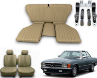 Set Sitzbezüge ab Bj. 85 + Rückbank klappbar + Gurte für Mercedes SL 107 Beige