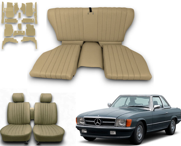 Set Sitzbezüge ab Bj. 85 + Rückbank klappbar + Teppichsatz für Mercedes SL 107 Beige