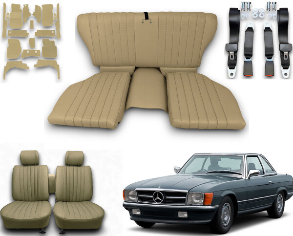 Set Sitzbezüge bis Bj. 84 + Rückbank klappbar + Teppichsatz + Gurte für Mercedes SL 107 Beige