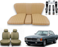 Set Sitzbezüge ab Bj. 85 + Rückbank starr + Gurte für Mercedes SL 107 Beige