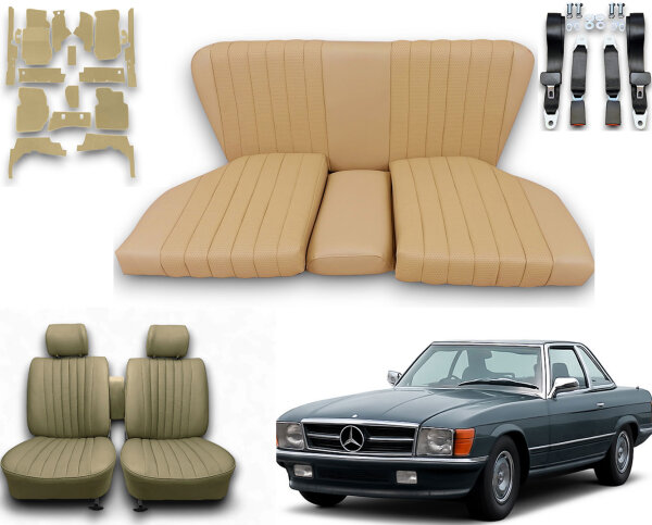 Set Sitzbezüge ab Bj. 85 + Rückbank starr + Teppichsatz + Gurte für Mercedes SL 107 Beige