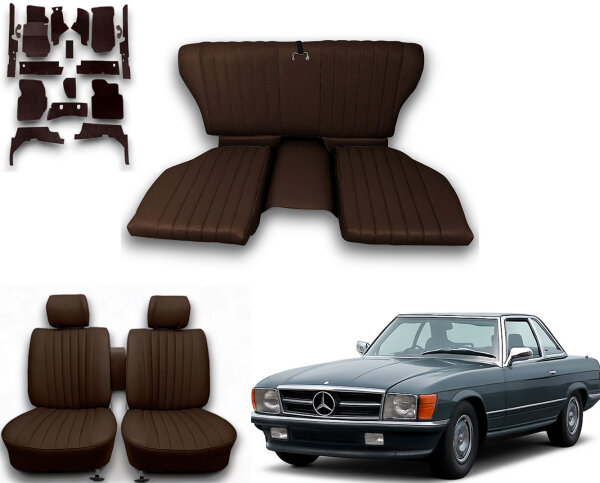 Set Sitzbezüge ab Bj. 85 + Rückbank klappbar + Teppichsatz für Mercedes SL 107 Braun