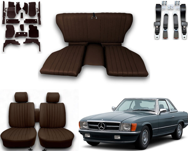 Set Sitzbezüge bis Bj. 84 + Rückbank klappbar + Teppichsatz + Gurte für Mercedes SL 107 Braun