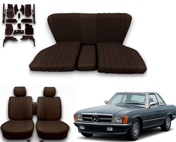 Set Sitzbezüge ab Bj. 85 + Rückbank starr + Teppichsatz für Mercedes SL 107 Braun