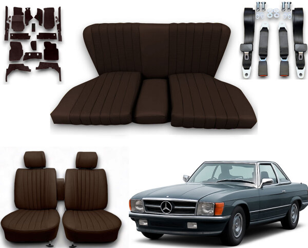 Set Sitzbezüge bis Bj. 84 + Rückbank starr + Teppichsatz + Gurte für Mercedes SL 107 Braun