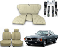 Set Sitzbezüge bis Bj. 84 + Rückbank klappbar + Gurte für Mercedes SL 107 Pergament
