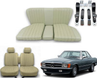 Set Sitzbezüge bis Bj. 84 + Rückbank starr + Gurte für Mercedes SL 107 Pergament
