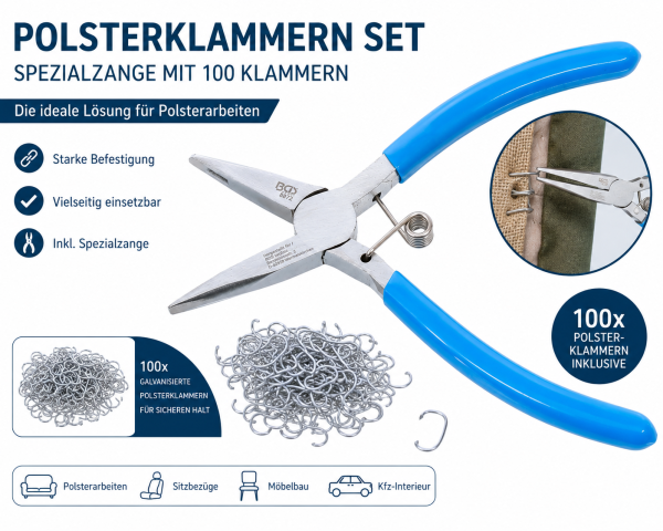 Polsterzange Polsterklammerzange  Sattlerzange Sitzbezüge Auto Polster 100x Klammer