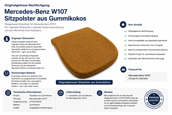 Sitzauflage Sitzpolster für Mercedes SL R107 W107 Gummikokos