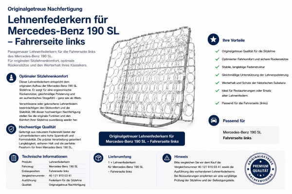 Lehnenfederkern Rückenlehne für Mercedes Benz 190SL 1955-1963 Fahrerseite
