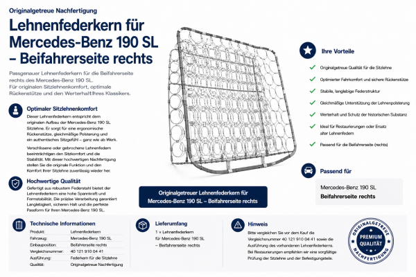 Lehnenfederkern Rückenlehne für Mercedes Benz 190SL 1955-1963 Beifahrerseite