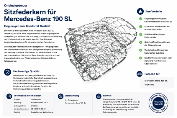 Federkern Sitzfläche für Mercedes Benz 190SL 1955-1963 Beifahrerseite