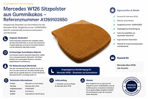 Sitzauflage Sitzpolster für Mercedes Benz W126 Gummikokos