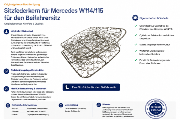 Federkern Sitzfläche für Mercedes Benz W114 / W115 Beifahrerseite