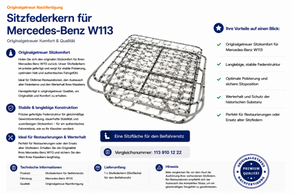 Federkern Sitzfläche für Mercedes Benz W113 Pagode Beifahrerseite