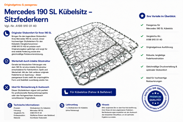 Federkern Sitzfläche für Mercedes Benz Kübelsitz 190SL 1955-1963