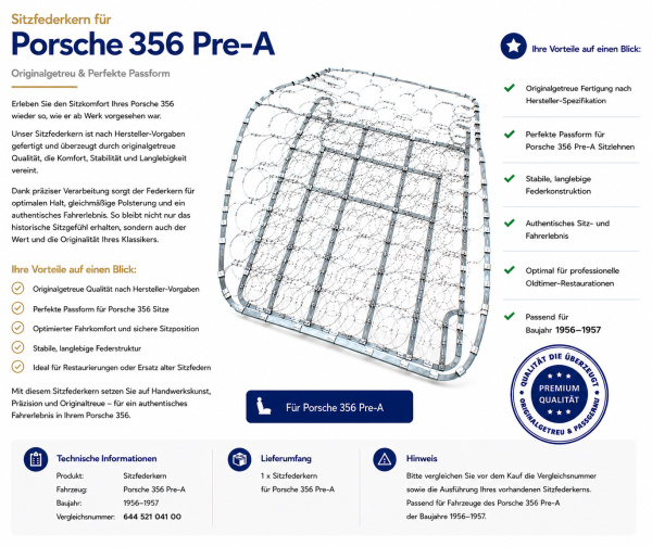 Federkern Sitzfläche für Porsche 356 Pre -A 1956-1957 Fahrerseite