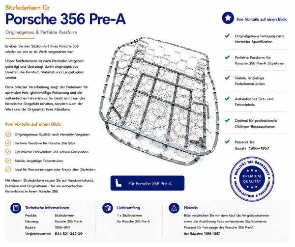 Federkern Sitzfläche für Porsche 356 Pre -A 1956-1957 Beifahrerseite