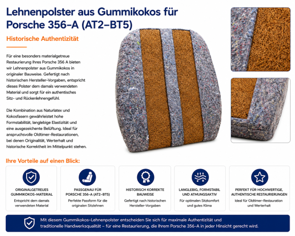Lehnenauflage Polster Rückenlehnen Gummikokos für Porsche 356-A (AT2-BT5)