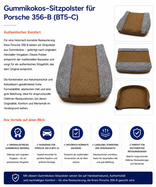 Sitzauflage Sitzpolster für Porsche 356-B (BT5-C) Gummikokos