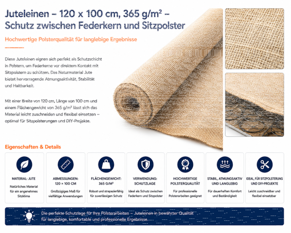 Juteleinen Nessel – 120 x 100 cm, 365 g/m² – Schutz zwischen Federkern und Sitzpolster