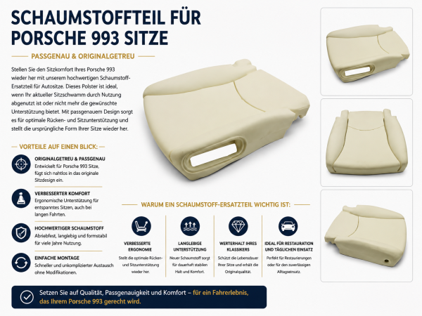 Sitzauflage Sitzpolster Schaumpolster für Porsche 993 Beifahrerseite 3 Schalter