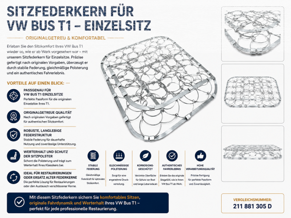 Federkern Sitzfläche für Volkswagen VW Bus T1 Einzelsitz 1962-1967