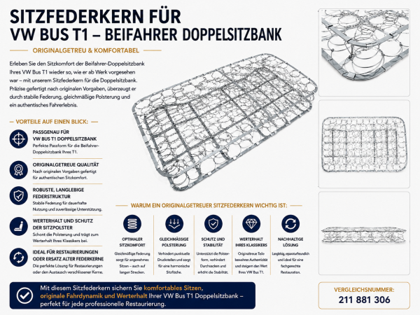 Federkern Sitzfläche für Volkswagen VW Bus T1 Doppelsitz 1962-1967 Beifahrer
