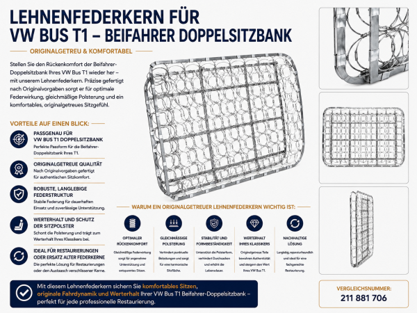 Lehnenfederkern Rückenlehne für Volkswagen VW T1 Doppelsitz 1962-1967 Beifahrer