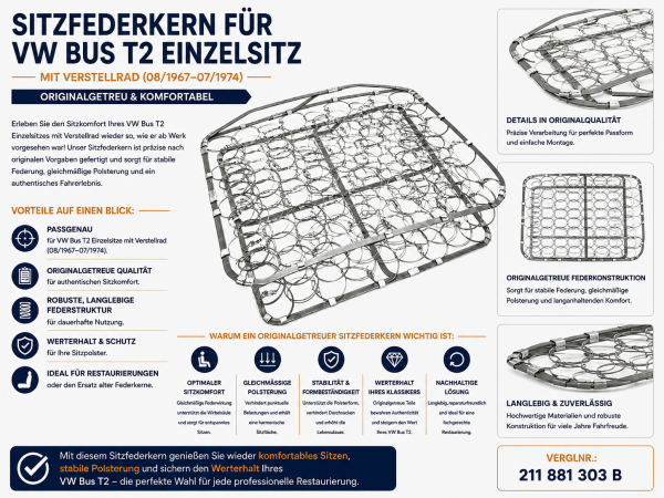 Federkern Sitzfläche für Volkswagen VW T2 Einzelsitz mit Verstellrad 1967-1974