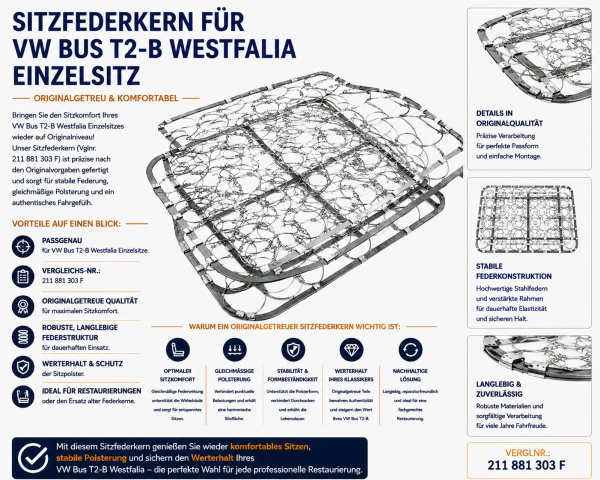 Federkern Sitzfläche für Volkswagen VW T2-B Westfalia Einzelsitz 1974-1979