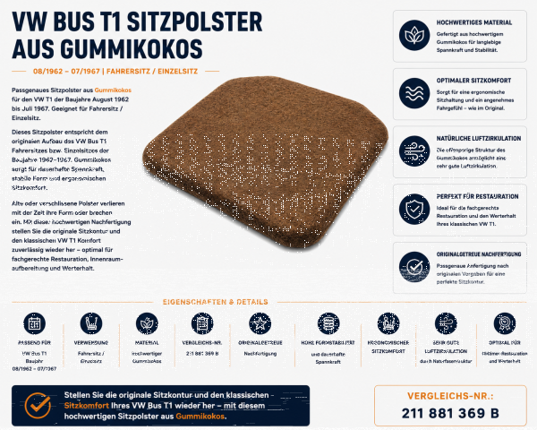 Sitzauflage Sitzpolster für Volkswagen VW Bus T1 1962-1967 Gummikokos