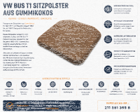 Sitzauflage Sitzpolster für Volkswagen VW Bus T1 1962-1967 Gummikokos
