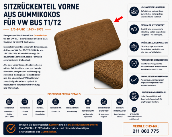 Polster Rückenlehne 2/3 Bank für Volkswagen VW Bus T1/T2 1963-1976 Gummikokos