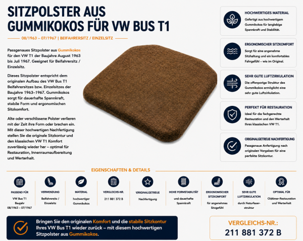 Sitzauflage Sitzpolster Beifahrer/Einzelsitz für Volkswagen VW Bus T1 1963-1967 Gummikokos