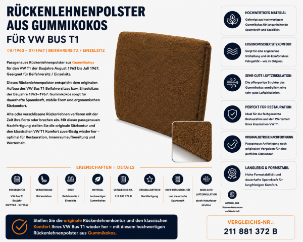 Lehnenauflage Polster Rückenlehne Beifahrer/Einzelsitz für Volkswagen VW Bus T1 1963-1967 Gummikokos