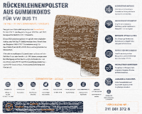 Lehnenauflage Polster Rückenlehne Beifahrer/Einzelsitz für Volkswagen VW Bus T1 1963-1967 Gummikokos