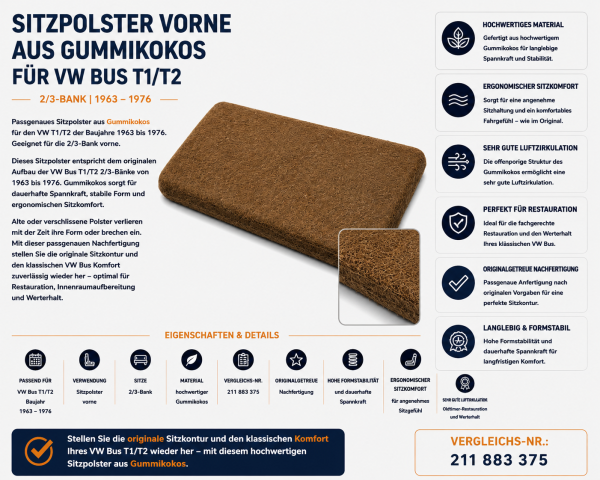 Sitzauflage Sitzpolster 2/3 Bank für Volkswagen VW Bus T1/T2 1963-1976 Gummikokos
