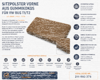 Sitzauflage Sitzpolster 2/3 Bank für Volkswagen VW Bus T1/T2 1963-1976 Gummikokos