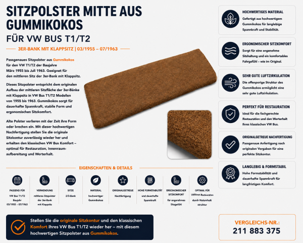 Sitzauflage Sitzpolster 3er Bank/Klappsitz für VW T1/T2 1955-1963 Gummikokos