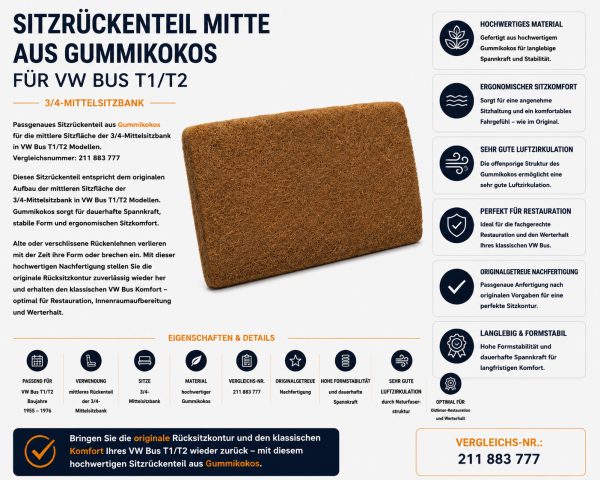 Lehnenauflage Polster Rückenlehne Mitte 3/4 Bank für Volkswagen VW Bus T1/T2 Gummikokos