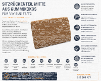 Lehnenauflage Polster Rückenlehne Mitte 3/4 Bank für Volkswagen VW Bus T1/T2 Gummikokos