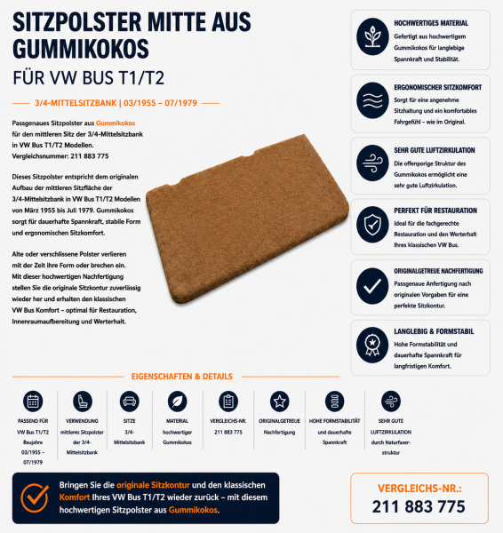 Sitzauflage Sitzpolster Mitte 3/4 Bank für Volkswagen VW Bus T1/T2 1955-1979 Gummikokos