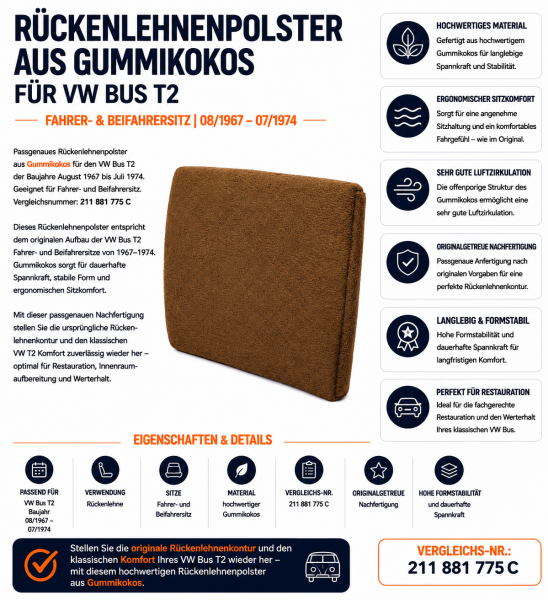 Lehnenauflage Polster Rückenlehe für Volkswagen VW Bus T2 1967-1974 Gummikokos