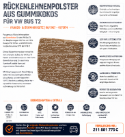 Lehnenauflage Polster Rückenlehe für Volkswagen VW Bus T2 1967-1974 Gummikokos