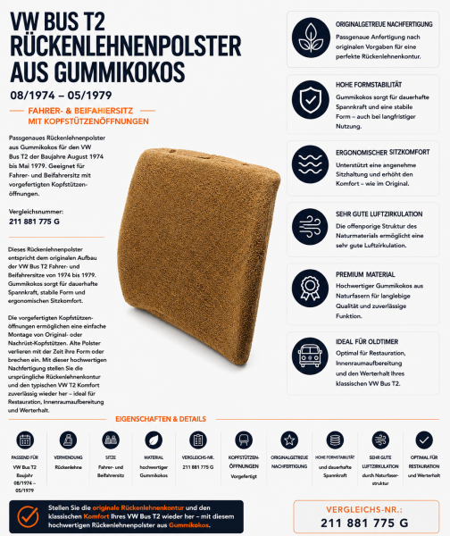 Lehnenauflage Polster Rückenlehe für Volkswagen VW Bus T2 1974-1979 Gummikokos